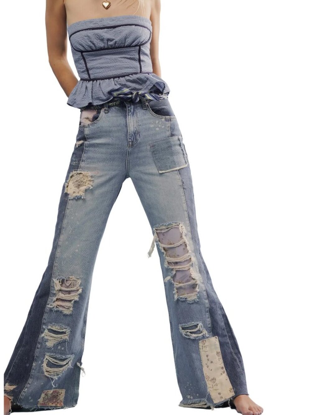 Free People Love Story High Waist Rip & Repair Patchwork Flare Jeans